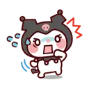 Kuromi with a skull hood looking panicked with a sweat drop and a red alert symbol.
