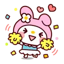 My Melody the rabbit character cheering enthusiastically while holding yellow pom-poms.