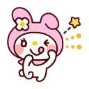 A white bunny with a pink hood winks and sticks its tongue out playfully next to a colorful block graphic.