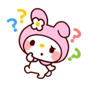 My Melody the rabbit wearing a pink hood with a flower, looking confused with a hand to her chin.
