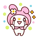 My Melody the rabbit smiling broadly with hands near her face and sparkles around her head.