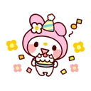 My Melody character wearing a party hat and holding a small cake with confetti around.