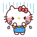 White cat with a pink bow crying with large blue teardrops falling from its eyes.