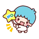 A cute blue-haired character with a teary expression holding a yellow star sign that reads NO.