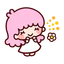 A cute girl with pink hair and a white dress blushing happily while standing next to a small white flower.