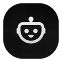 Robot head with a simple smiling face and antenna on a dark background.