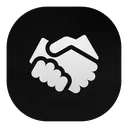 Handshake icon depicted in a flat, minimalist white style against a black background.