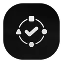 A white checkmark centered inside a circle with various geometric shapes around the perimeter on a black background.