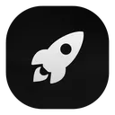 Rocket icon pointing diagonally upwards against a dark background.