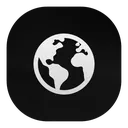 Globe icon with white continents on a black background.
