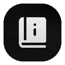 A white book icon with an information symbol on a black rounded square background.