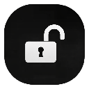 Unlocked padlock icon with a white shackle and gray body on a black background.