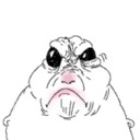 A white blob creature with large black eyes and a deeply frowning mouth showing extreme anger.