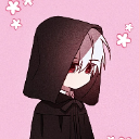 Anime character with white hair and red eyes wearing a black hood looking suspicious against a pink background.