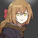 Anime girl with long brown hair and glowing yellow eyes looking forward with a smug, deadpan expression.