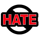 The word HATE in bold red capital letters inside a black circle.