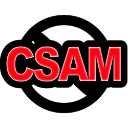 A red CSAM text inside a black circular prohibition sign.