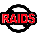 A red text reading RAIDS inside a black prohibition circle symbol.