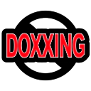 A red text reading DOXXING inside a black circular prohibition symbol.