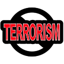 A black circular prohibition symbol containing the red text TERRORISM in capital letters.