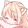 Anime girl with cat ears smiling while nibbling on something with a happy expression.