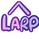 The letters LARP are written in a rounded purple font inside a simple house-shaped outline.