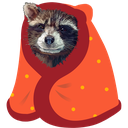 Raccoon peeking out from an orange blanket with a neutral expression.