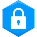 White padlock icon centered inside a blue hexagon.