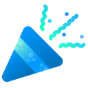 A blue party popper firing off colorful confetti in a celebratory motion.