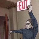 Person pointing upward at a red exit sign with a stern expression.