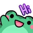 A cute green frog with pink cheeks waving its hand with the word Hi written in purple text above it.