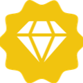 Diamond icon centered inside a golden sunburst badge.