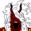 A red-skinned demon character with white hair and horns screaming with a wide-open mouth.