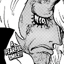 A close-up of a character face with a distorted, sinister smile and intense eyes in a black and white manga style.