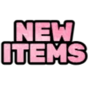 The words NEW ITEMS written in bold pink block letters against a black background.