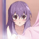Anime girl with purple hair blushing shyly while holding a pink blanket up to her face.