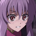 Anime girl with purple hair and wide eyes looking shocked and blushing.