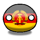 Countryball with the black, red, and gold stripes of the East German flag and a central hammer and compass emblem.