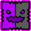 A square creature with a split purple and gray face wearing a mischievous, jagged grin.
