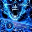 A glowing blue skull with an open mouth hovering above a computer keyboard.