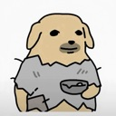 A cartoon dog wearing tattered clothes and holding a small bowl with a sad, humble expression.