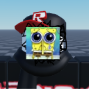 SpongeBob with large teary eyes superimposed over a Roblox avatar head.