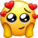 Yellow smiley face with large glossy eyes and floating red hearts expressing adoration.