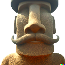 Moai statue with a prominent, dark handlebar mustache.