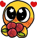A round yellow smiley with large sparkling eyes holding a small bouquet of red roses.