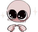 A round-headed character with large, glossy eyes and a pink blush, nervously tapping their index fingers together.