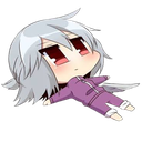 Chibi character with silver hair and red eyes lying flat on their back in exhaustion.