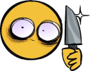 A yellow smiley face with huge, wide eyes holding a kitchen knife in its hand.
