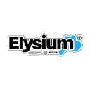 Elysium logo text in white with a blue graphic accent on a black background.