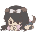 A cute anime girl with brown puppy ears and a white bow lying down in a relaxed, resting position.